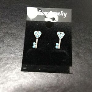 Silver Tone and Blue Accents Key Shaped Earrings